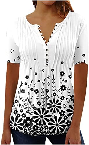 Женски обични врвови на туники 2023 летни кратки ракави лабави проток Хенли кошули слатки цветни блузи за хеланки