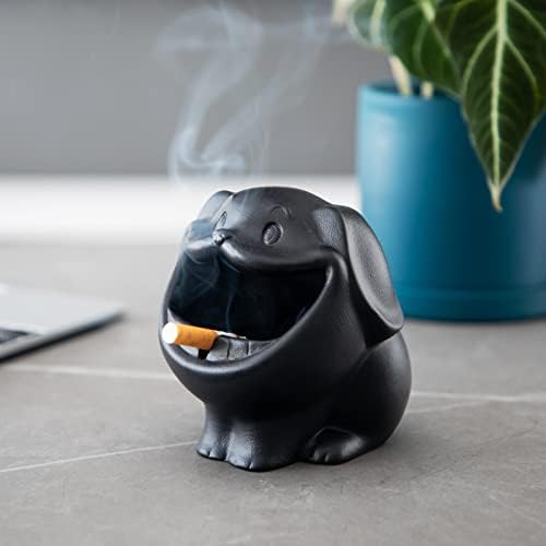 Heer црно куче пепелник за цигари затворено, керамички смешен фиока за пепел поставена за пушачи од плевели, декоративен држач за десктоп