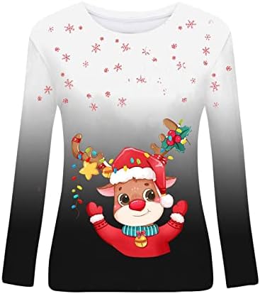 Една есенска кошули за жени 2022 година О-вратот за Божиќно печатење на врвови на врвот на лекови опуштени долги божиќни џемпери