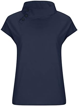 Летна постелнина кошула за жени елегантно ретро копче надолу блузи врвови, исмејувачки врат Туника врвови цврста боја лабава блуза маички