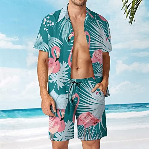 Weedkeycat Flamingo Palm Monstera Manstera Beach Outfits 2 Piece Hawaiian копче надолу со кошула Краток ракав и Shorts Trunk Sets