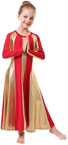 Девојки металик литургиски пофалби танцувачки фустан bellвонче, долг ракав блок во боја, лирски танцувачка облека за деца, богослужба