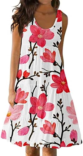 Icodod фустан женски 2023 летен обичен тркалезен резервоар без ракави на вратот плажа замав цветни фустани за печатење за жени