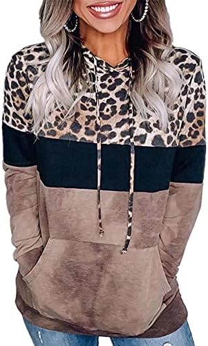 Рамуг женски леопард печатен блок во боја со долг ракав, џебни дуксери