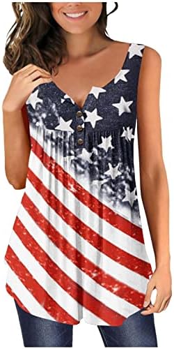 Облечен резервоар врвот за жени Американско знаме Патриотска кошула 4-ти јули лето лето маица со маица со плетенка на тековните