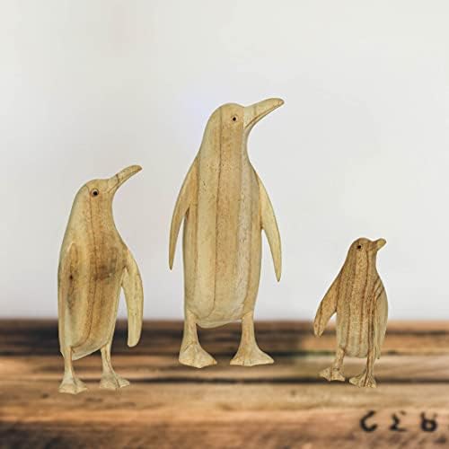Things2Die4 сет од 3 дрво пингвин семејство врежани скулптури дома украси фигурински полица за уметност уметност