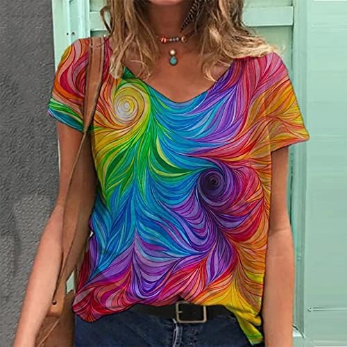 Маичка за блуза за женски памук со краток ракав Длабок v врат сликарство цветни апстрактни графички лабави вклопки плус големина мета