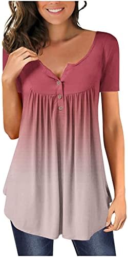 Преголеми маички за маици за жени градиент печатено скриен стомак Туника Туника со кратки ракави маици плетенка v- копчиња за вратот