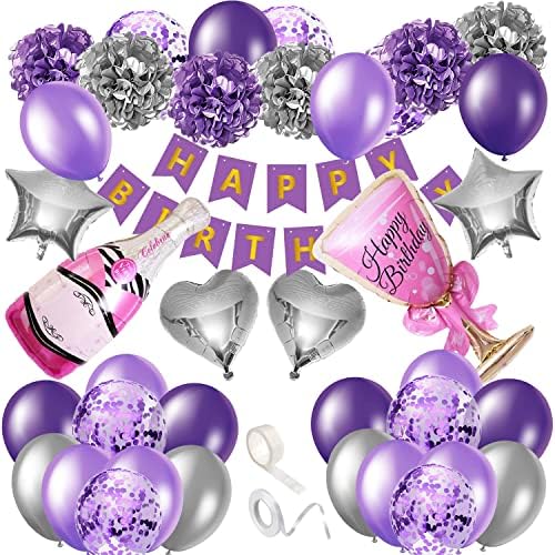 Сомајо Роденденски Украси Виолетови И Сребрени Балони, Виолетови Роденденски Украси За Жени или Девојки, Виолетови Украси За Забави Поставени со