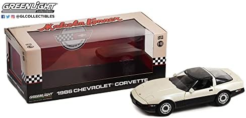 Greenlight 13632 1986 Chevy Corvette C4 - црно -сребрена беж со двоен тон - Комеморативно издание на Малком Конер 1:18 Скала