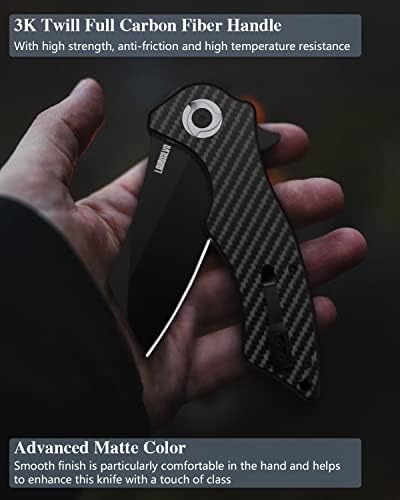 Laurisilva џеб нож, рачка со лесна јаглеродна влакна и црно сечило на челик Д2 челик
