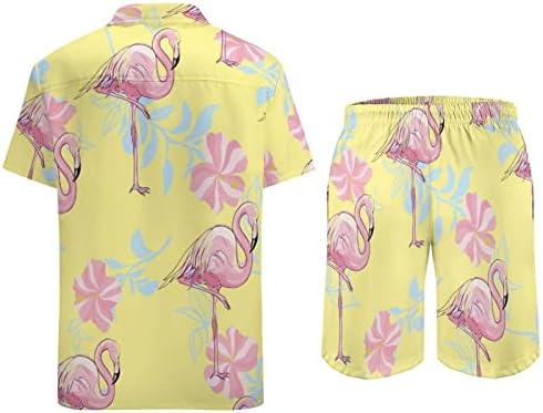 Фламинго шема машка облека од 2 парчиња плажа на Хавајски копче надолу со кошула со кратки ракави и шорцеви костуми
