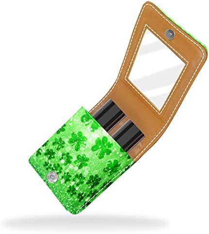 Зелена Искра Ирски Шамрок Кармин Држач За Кутија За Кармин Со Огледало, Пренослива Торбичка За Сјај За Усни За Патување, Водоотпорен Кожен