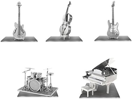Метал Земја сет од 5 3Д ласерски комплети за модели на инструменти: Гранд пијано - бас -фид - сет на тапан - електрична бас гитара - гитара за