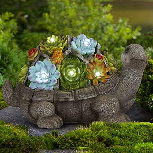 Gigalumi 【Надграден】 11,5 инчи соларни градина статуи желка фигура со сукулентни и 7 LED диоди - статуи за зимска градина на