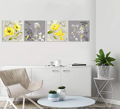 Yellowолто цветна wallидна уметност жолта и сива сива цвеќиња печати платно за домашни декорации со слики 4 панели постер за спална соба дневна