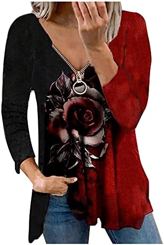 Fragarnенски женски фасија лабава роза печатење зашивање со долги ракави со должина на вратот zipper casual top