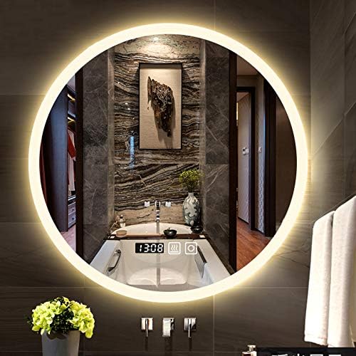 Тркалезна LED Бања Огледало Ѕид-Монтирани Дебелина 5мм Паметни Огледало Анти-Магла Огледало + Време/Температура Дисплеј - со Сребрена Поддржана