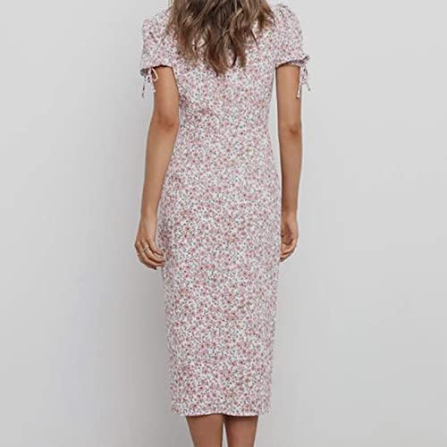 Aimikенски летни фустани 2023 V вратот Краток ракав облечен обичен цветен принт на коленото должина на пролетни фустани со облик на плажа фустан