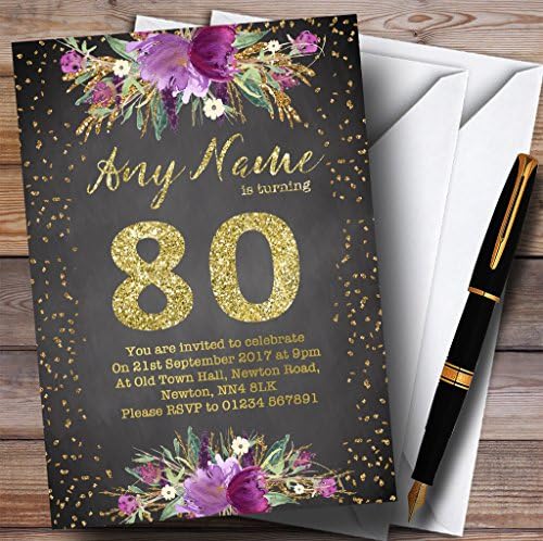Креда Акварел Виолетова Злато 80-Ти Персонализирани Покани За Роденденска Забава