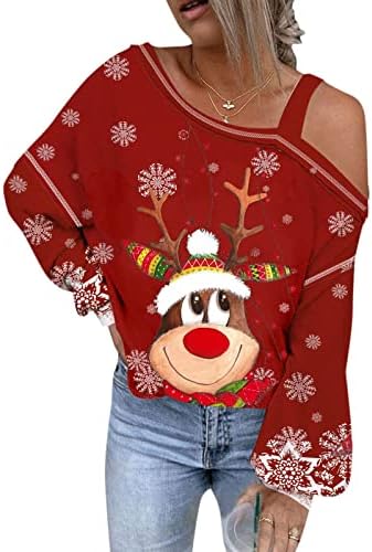 Секси Божиќни кошули жени асиметрични ладни рамо туники врвови на двојки со долги ракави кошула Божиќна снегулка Бардот Бардот Топ