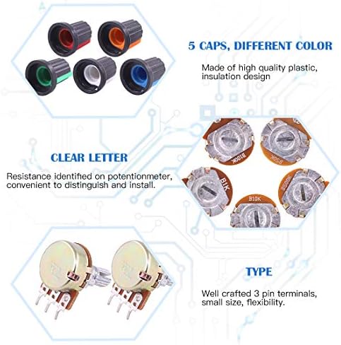 Гларкс 55 парчиња 5к-100К Ом Завиткано Вратило Линеарен Ротационен Конусен Потенциометар со 5 Комплет Копчиња во Боја