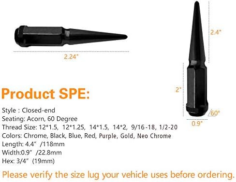 24pc Spike lug Nut 12x1.25 Црна 4,4 Висина од метални метални метални метални премија, вклучен е 1 приклучен клуч