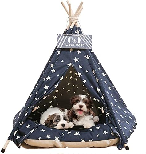 Шатори за миленичиња Тепи, 24 инчи преносно затворено кучиња Тепин кревет со густа перница, миење на морнарицата сини starsвезди шема на