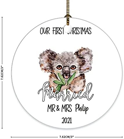 Нашата прва Божиќна коала сувенири керамички украси обичај г-дин и г-ѓа двострана печатење 3x3 инчи тркалезна декорација за украсување