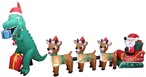 Два божиќни украси за украси, вклучуваат божиќни диносауруси високи 7 стапки со кутии за подароци и 8 стапки осветлени Божиќни надуени