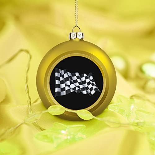 Црно -бело карирано тркачко знаме Божиќни топки украс за распрскувачки отпорен за шарм Божиќно дрво што виси декорација