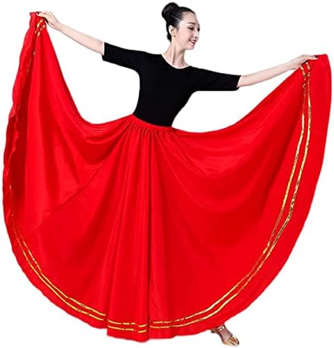 Белиот женски сатен сатен долг круг фламенко стомак танц со здолниште со два реда лента