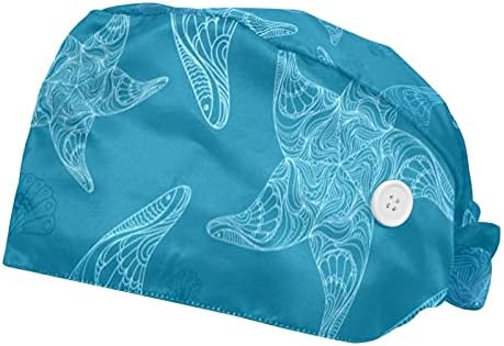 2 парчиња, прилагодливи работни капачиња за жени со копчиња Sumblain Sea Plants Carticon Dolphin Shark Blue Bouffant капи.