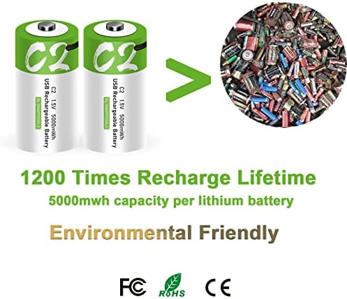 Батерии Camelcell C- 4 пакувања со полнење C батерии, батерија со големина на литиум јонски литиум јон со 2pcs 2 во 1 USB A до Type