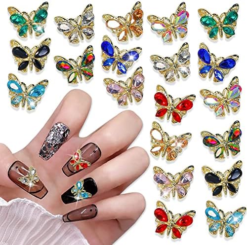 Jerclity 20 парчиња 3Д шарени привлечни нокти на пеперутка Сјајна легура Пеперутка за нокти и привлечност Кристал пеперутка нокти