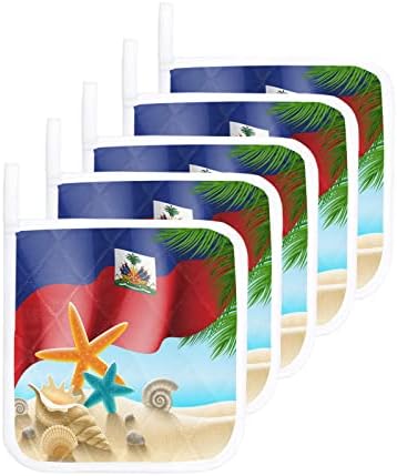 Држачи за џебни тенџере со јамка за кујна 5 компјутери, хаити знаме ден на плажа starвездени риби и школки топлински инсулации за топло-инсуцијална