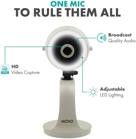 Movo WebMic HD Pro Сите-Во-Едно Веб Камера Со Микрофон И Прстен Светлина Во Перл Вајт - 1080p HD Камера, Про Кардиоиден Кондензатор Микрофон,