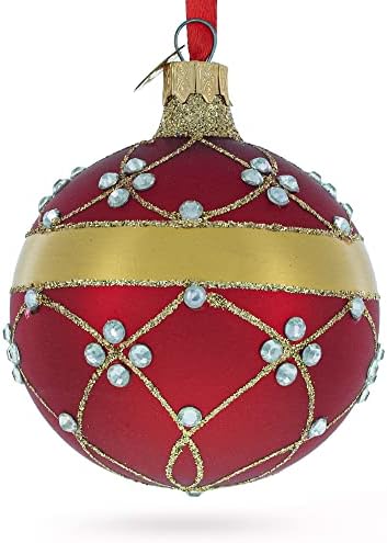 Дијамантски шари на Божиќниот украс на црвена стаклена топка 3,25 инчи