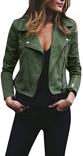Viviyy жени faux велур јакни со долг ракав патент кратки мото велосипедско палто зелено