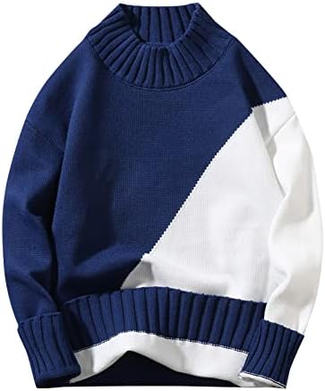Менс џемпер обичен долг ракав во боја контраст тркалезен џемпер за машки џемпер од маж, лабав пулвер, влечете ги мажите