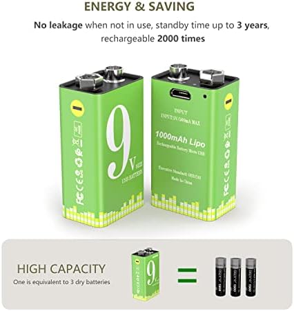 9V Батерија За Полнење, 2-Пакет 1000mah LI-јонска USB Батерија Со Микро USB Порта За Аларми Оган, Мултиметри, Безжични Микрофони, Детектори