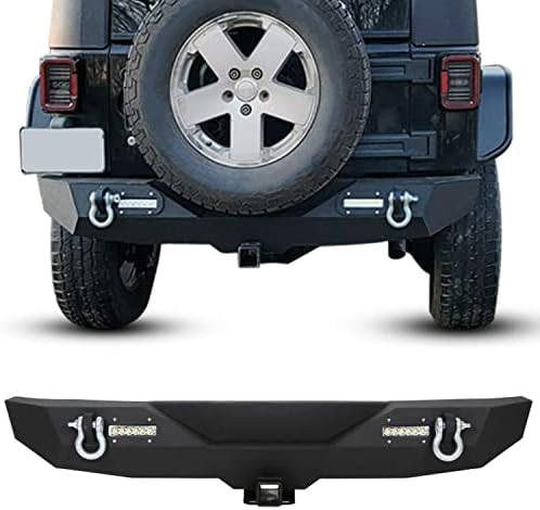 Заден браник компатибилен со 2007-2018 Jeep Wrangler JK & Unlimited Rock Crawler Bumper w/2 Hitch Receiver, D-Ring, LED светла