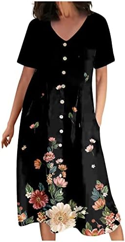 Qfvzhy женски пролетни фустани 2023 година случајно цветно копче за цвеќиња V вратот со краток ракав памучен постелнина фустани елегантни