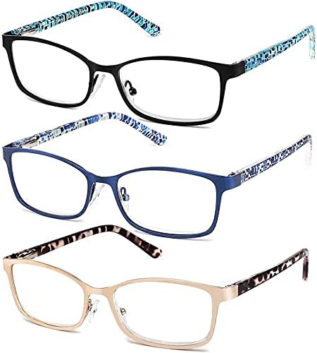 JJWELL 3 пакувања со сина светлина блокирајќи очила за читање за жени, стилски метални читатели на целосна рамка за жени, стакло