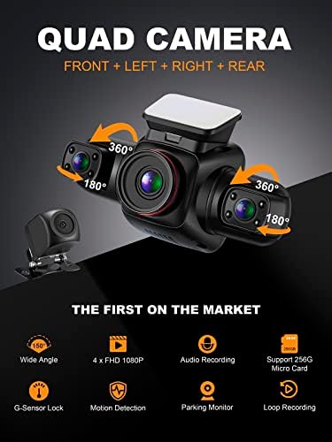 Pruveeo Dash Cam, 4 канали камера FHD 1080PX4, предно лево и задно, предно и задно внатре, вграден GPS WiFi, поларизирачки леќи CPL филтер,
