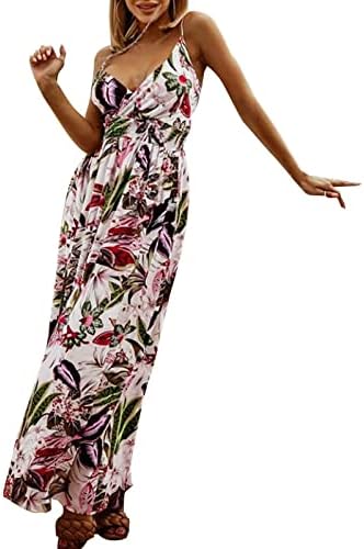 Обичен фит фустан женски летен фустан цветна шпагети лента без ракави V вратот памук макси фустани за жени