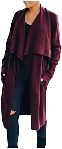 Женски долг ракав кардиган џемпер палто обичен цврста боја преголема вафла плетена отворена предна надворешна облека со џебови