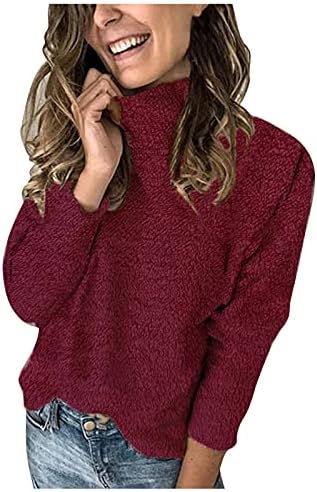 Beuu omensенски женски тешки џемпери со цврста боја, бујни долги ракави лабави случајни пуловер, плетен скокач на врвови за жени