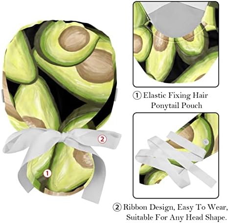 2 парчиња медицинска сестра за чистење капаци жени долга коса, авокадо овошје зелено обоено прилагодливо работно капаче со копче и