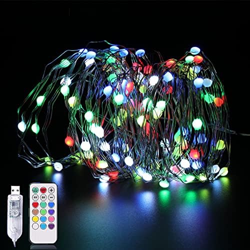 OUK 100LED Fairy String Lights ， 33ft 12 режими Далечински и 12 LOR кои се менуваат во затворено светло, светло на USB сребрена жица, низа за свадбени